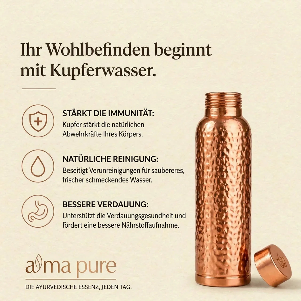 Alma Pure™ – Gehämmerte Kupferflasche für natürlich reines Wasser